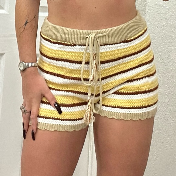 Y2k Hippie Crochet Striped Shorts with Drawstring Waist - Picture 1 of 10